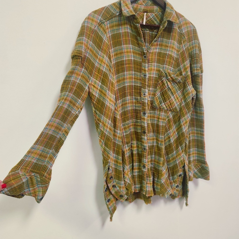 Free People Womens Juniper Snap Side Plaid Button Down Shirt Size L Green Plaid - Picture 2 of 11